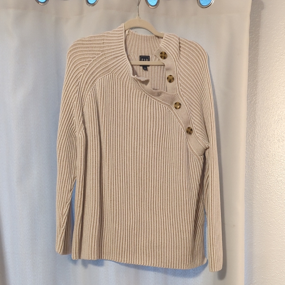 GAP Cream Cardigan with Ribbed Knit and Wrap Collar